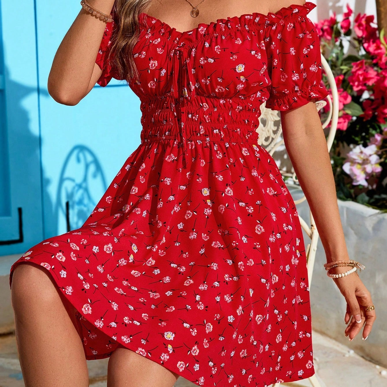 Holiday Off Shoulder Ruffle Trim High Waist Beach Dress For Women