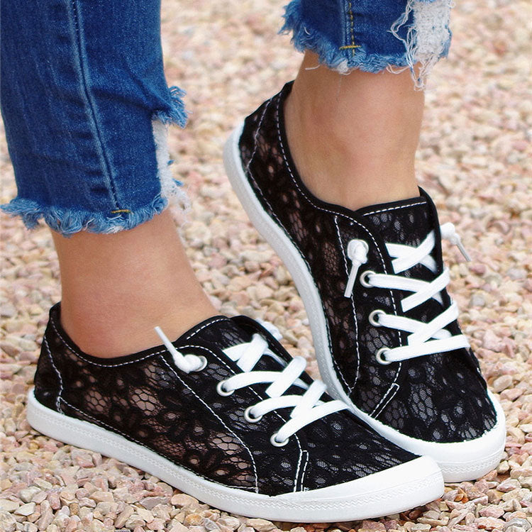Lace mesh flats styled with casual dress