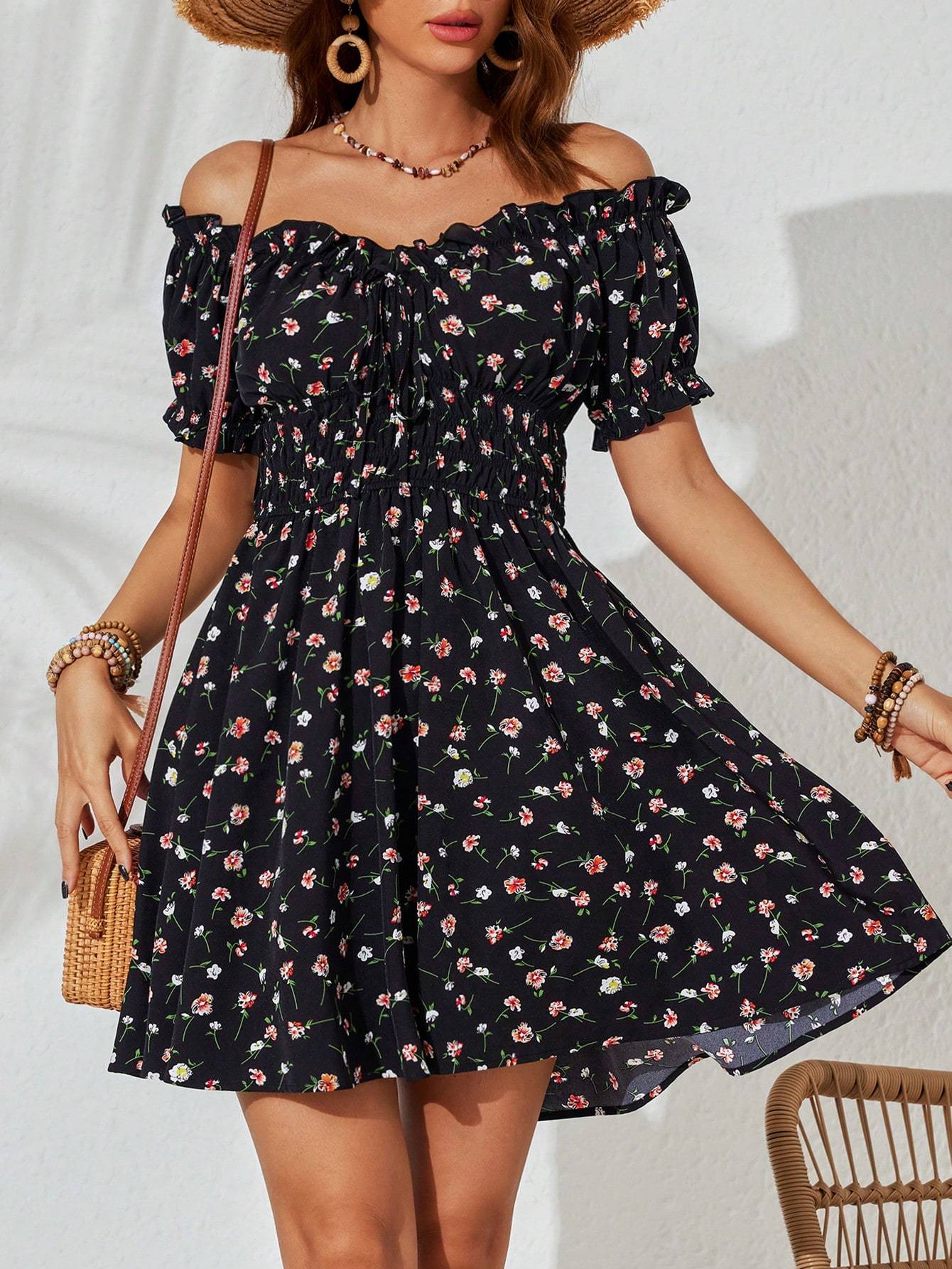 Holiday Off Shoulder Ruffle Trim High Waist Beach Dress For Women