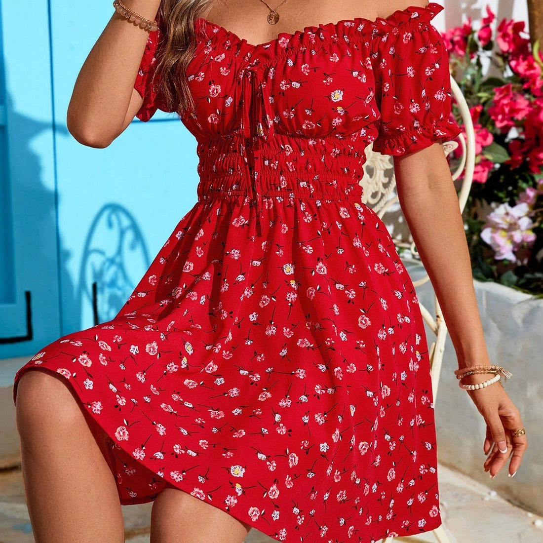 Holiday Off Shoulder Ruffle Trim High Waist Beach Dress For Women