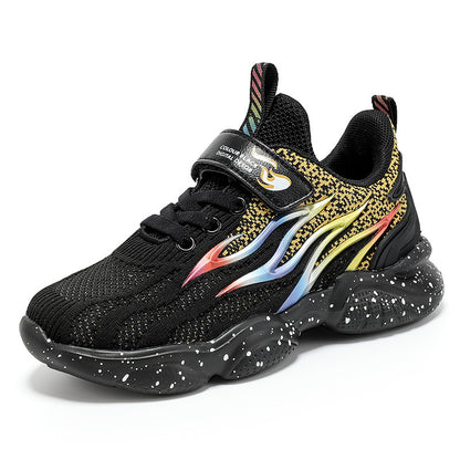 &quot;Close-up of mesh texture on kids’ fashion sneakers&quot;

