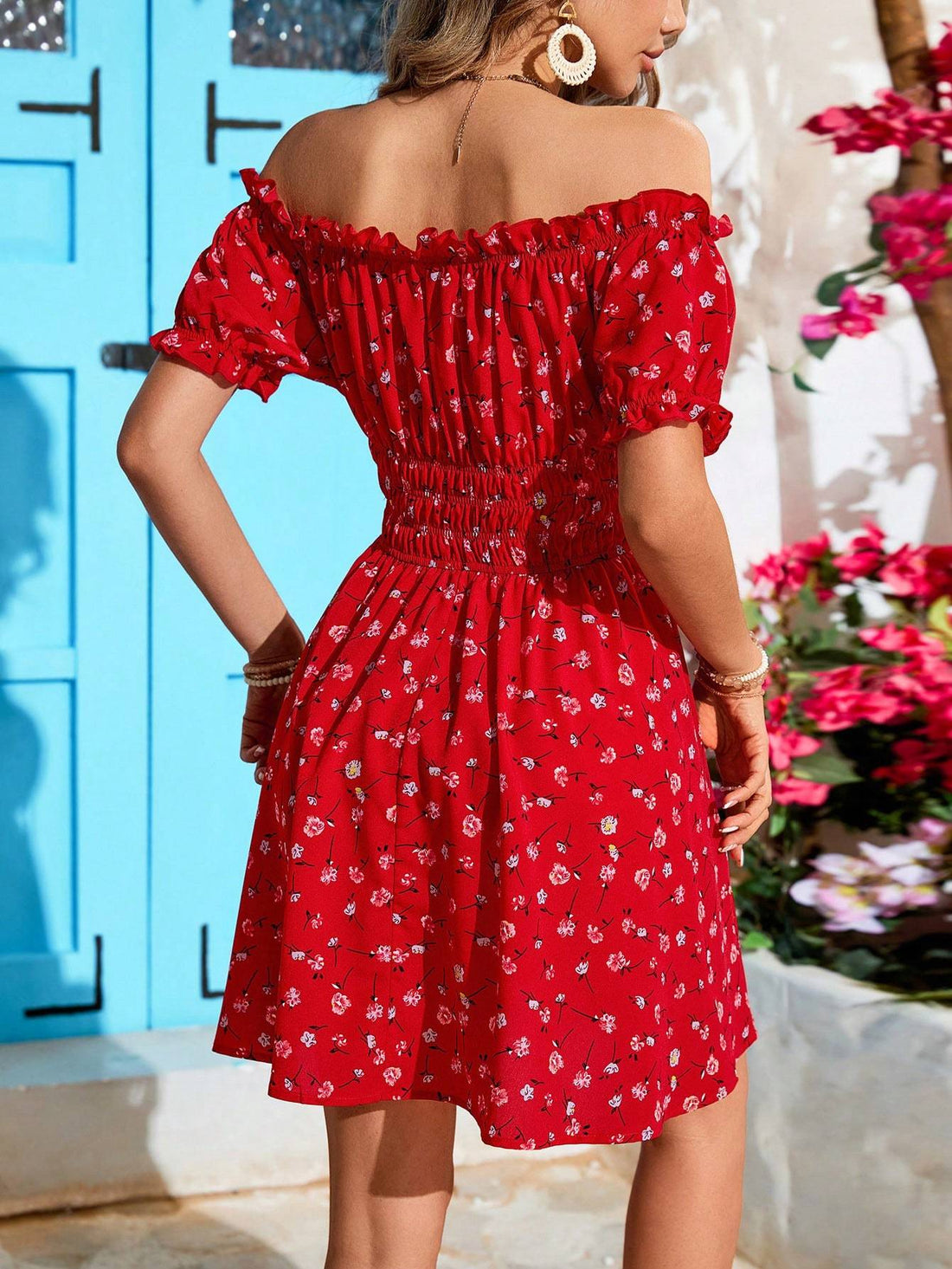 Holiday Off Shoulder Ruffle Trim High Waist Beach Dress For Women